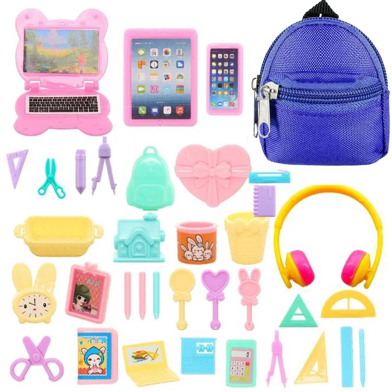 11.5 inch Doll School Accessories Backpack Bag with Zipper=1 Backpack+3 Computers+1 Earphone+31 Accessories For 11.5 Inch Doll