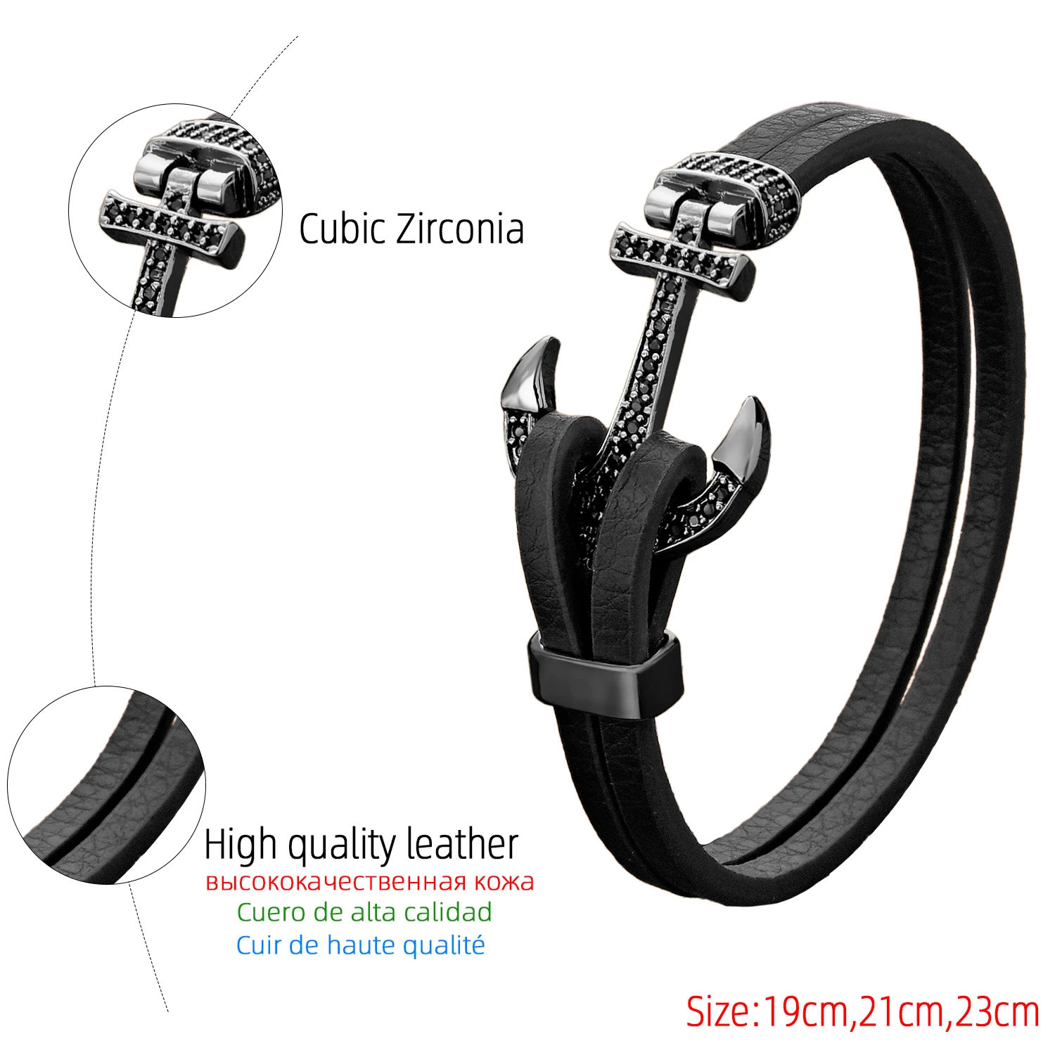 Trend Brass Micro-Inlaid Zircon Anchor Shape Men Bracelet Balck Brown Double Leather Bangles Classic Women Jewelry Sport Buckle