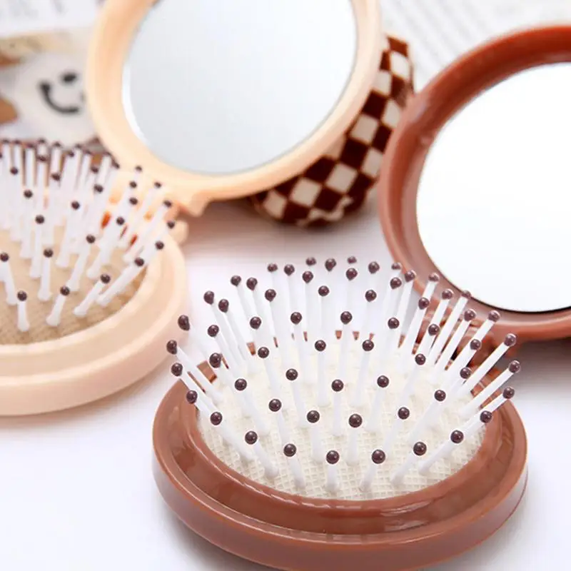 Travel Hair Brush Pocket Mirror Brush Folding Air Bag Comb Air Bag Massage Comb Pocket Mirror Brush Round Portable Cute Hair