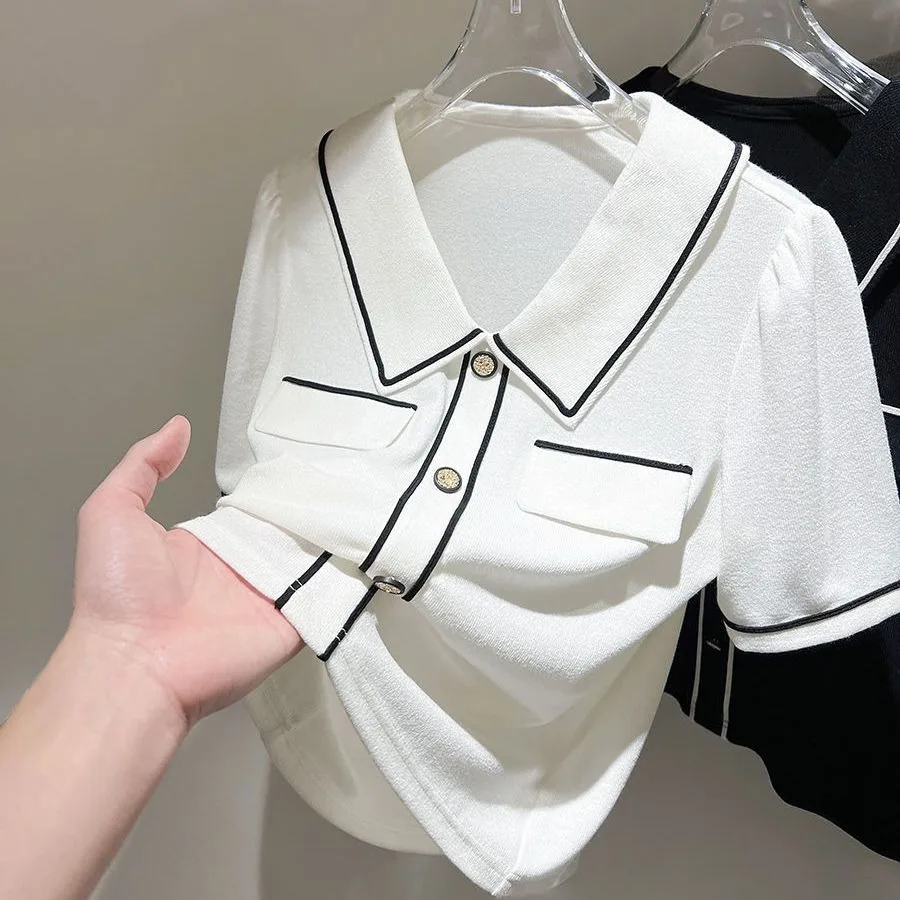 Suéter De verano para Mujer, moda coreana, cuello tipo Polo, jersey dulce, suéter fino De Color contrastante, chaleco Retro para Mujer, ropa