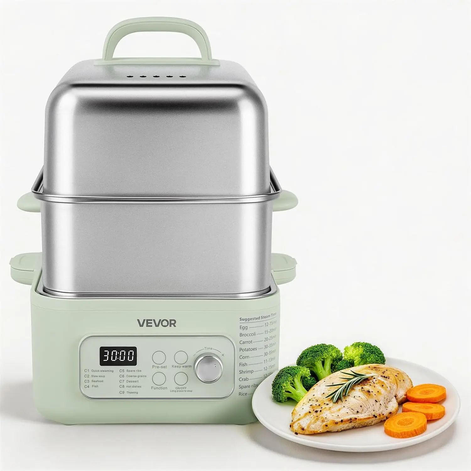 Electric Food Steamer 13.7 QT 2-Tier Stainless Steel for 3-6 Servings, 1500W Vegetable & Meal Steamer for Cooking with 9 Pre-Pro