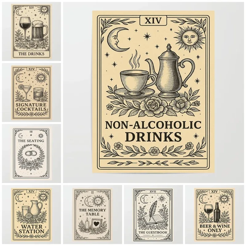 Vintage Tarot Wedding Poster Beer Wine Signature Cocktails Drink Menu Boho Rustic Ceremony Reception Bar Decor Unframed Wall Art