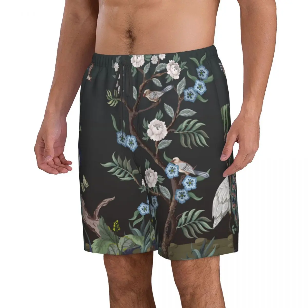 Maiô de praia de secagem rápida masculino, moda praia masculina, chinoiserie, garças, pavão, peônias, respirável, shorts sexy