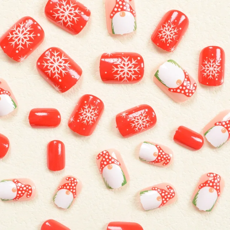 24 Pcs Christmas Adhesive False Nails Cute Cartoon Santa Claus White Snowflake Nails Press Ons Winter Aesthetic Women Nail Tips