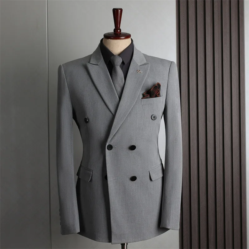 

KIDWHXR Man Blazer Slim Turn Down Collar Double-breasted Male Suit Jacket Business Casual Wedding Long Sleeve Men Outerwear