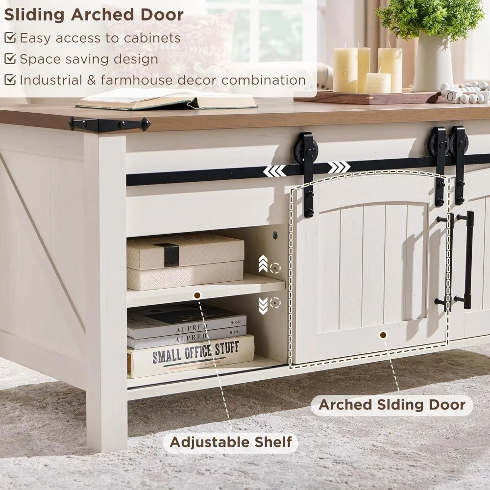 Farmhouse Lift Top Coffee Table with Sliding Door, 48" Large Rustic Center Table with Hidden Storage Compartment, Lifting Ta