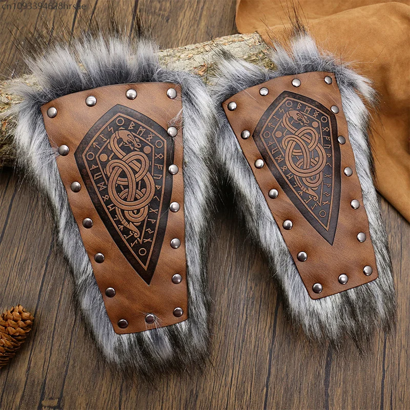 

2Pcs Medieval Viking Knight Faux Fur Wristband PU Leather Pirate Gauntlet Wrist Guards furry Fur Bracer Cuff Gothic Larp Cosplay