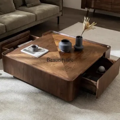 

Italian minimalist North American black walnut solid wood coffee table square storage Nordic furniture