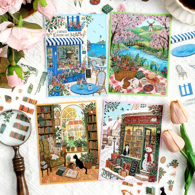 1set Christmas Landscape Stickers Landscape Stickers Spring Flowers, Snow Season Scenery Theme For Handbooks Scrapbooks
