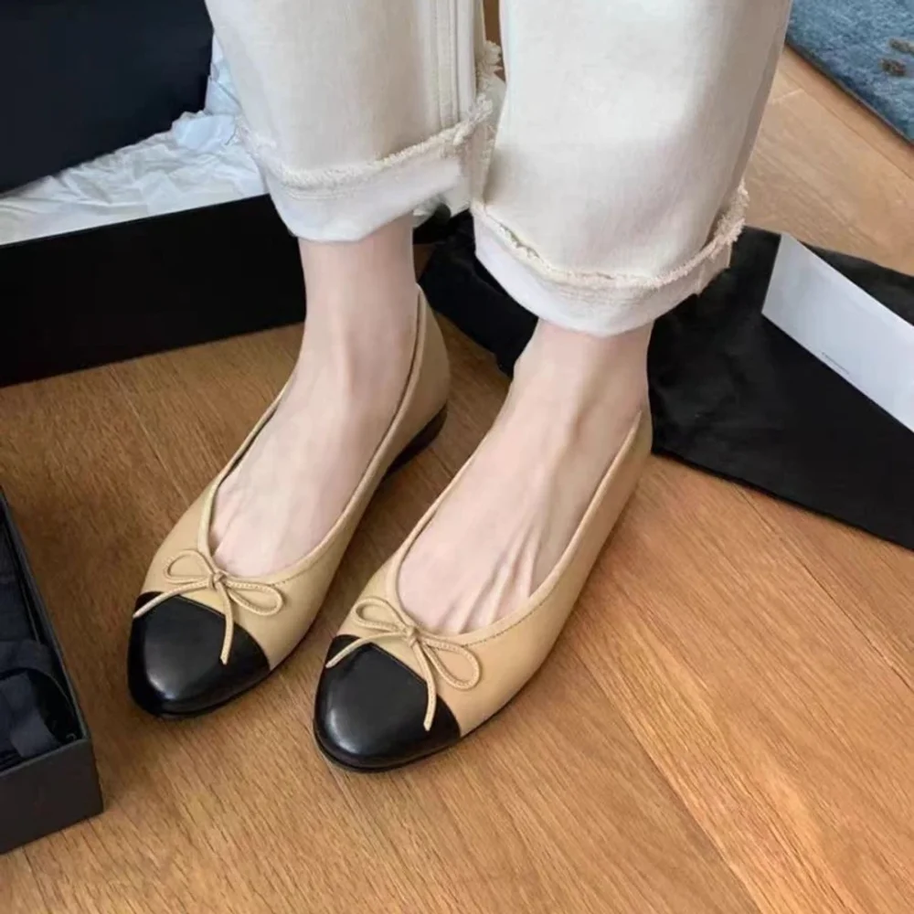 2026 y2k Sheepskin soft flat sole women's shallow mouth round toe French bow versatile color blocked ballet women's shoes