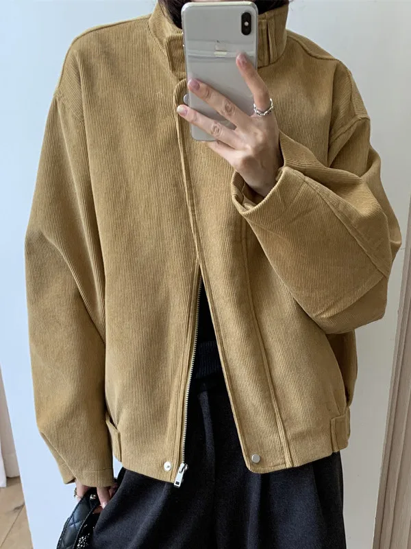 

Корейский винтажный вельветовый тюнер, женский зимний свободный повседневный воротник-стойка, ленивый модный топ на молнии, повседневная одежда