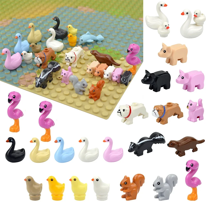 Moc Tiere Modell Set Ziegel niedlichen Schwan Ente Hund Schwein Vogel Eichhörnchen Figuren Bausteine Zoo Spielzeug Zubehör für Kinder Geschenke