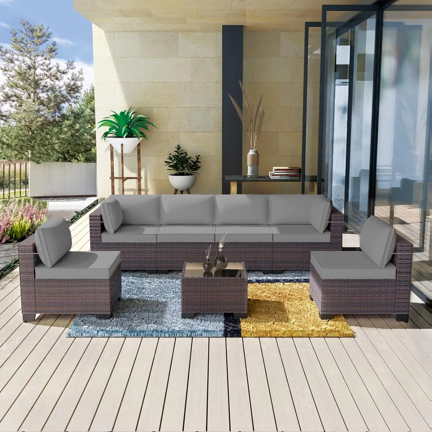 Patio Furniture Set 7 Pieces Outdoor Sectional Rattan Sofa Set Brown Manual Wicker Patio Conversation Set with Grey Cus