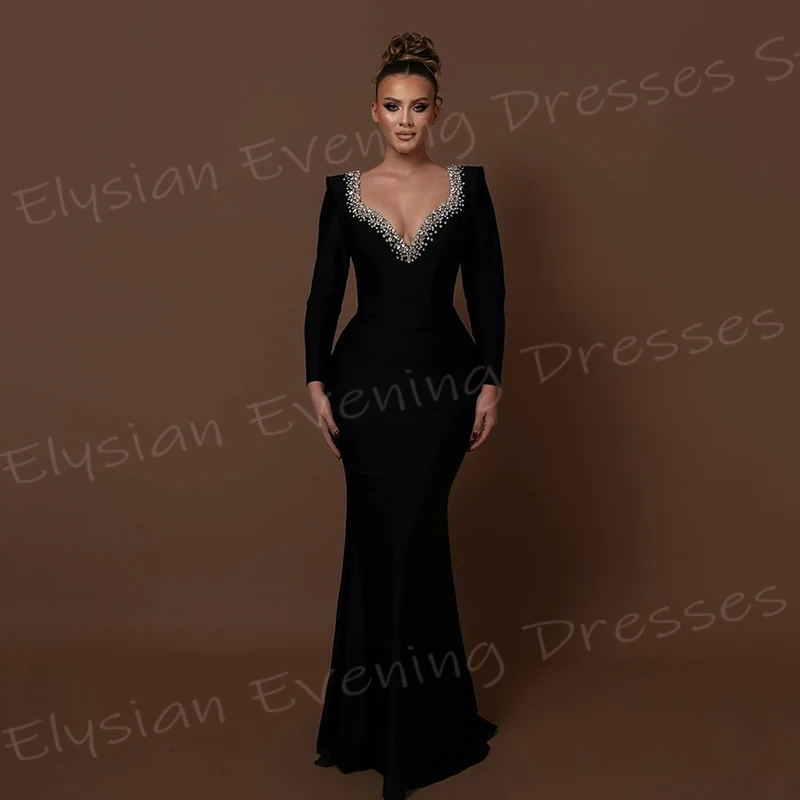 Classic Black Women\'s Mermaid Evening Dresses Charming V Neck Prom Gowns Elegant Long Sleeve Beaded Customized Vestido De Noche