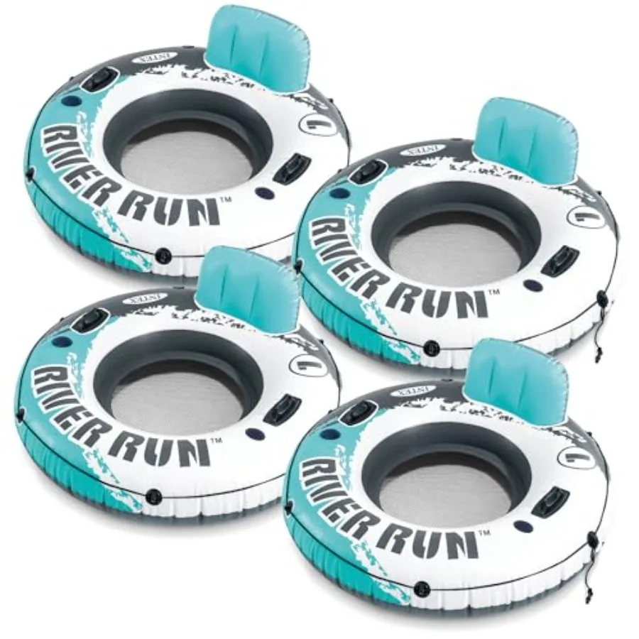 

River Run 1 Water Tube Lake Raft Inflatable Pool Floats with 2 Heavy Duty Handles Backrest and 2 Cupholders Red 4 Pack