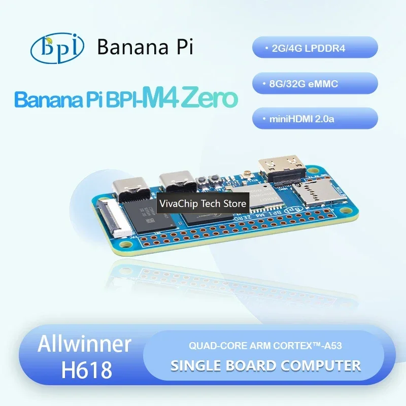 VivaChip TechBanana Pi BPI-M4 ZERO Allwinner H618 Quad-core A-RM Cortex™-A53 Processor 2.4G/5G WIFI 4G LPDDR4 32G EMMC Single Bo