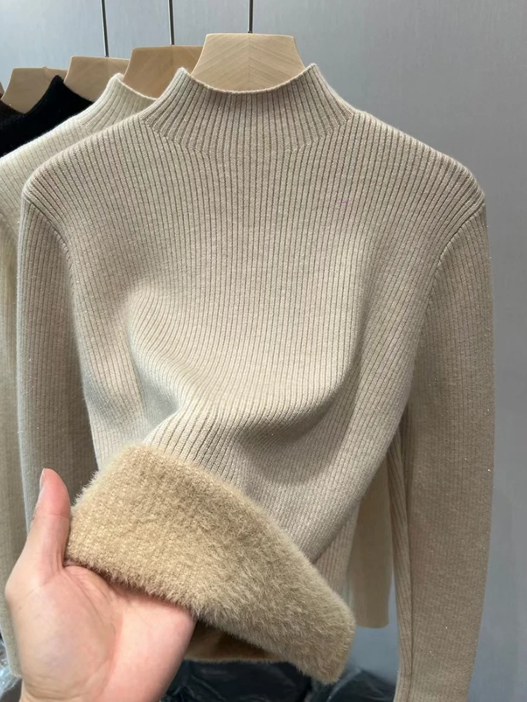 

Autumn Winter Women's Long Sleeve Turtleneck Knitted Sweater, Solid Color Warm Fleece-Lined Knitted Top,Casual Chic Daily Style