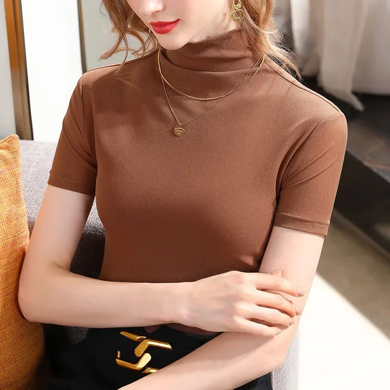 Women's Shirt Mesh Base Spring Summer Short Sleeve Girls' T-Shirt Stylish Small Top Elegant High Neck Ladies' Skin‑Friendly Top