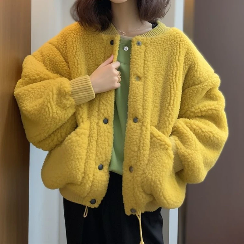 

Thickened Yellow Lamb Fleece Jacket Women's Winter Small Short Jacket Granular Fleece Thick Top