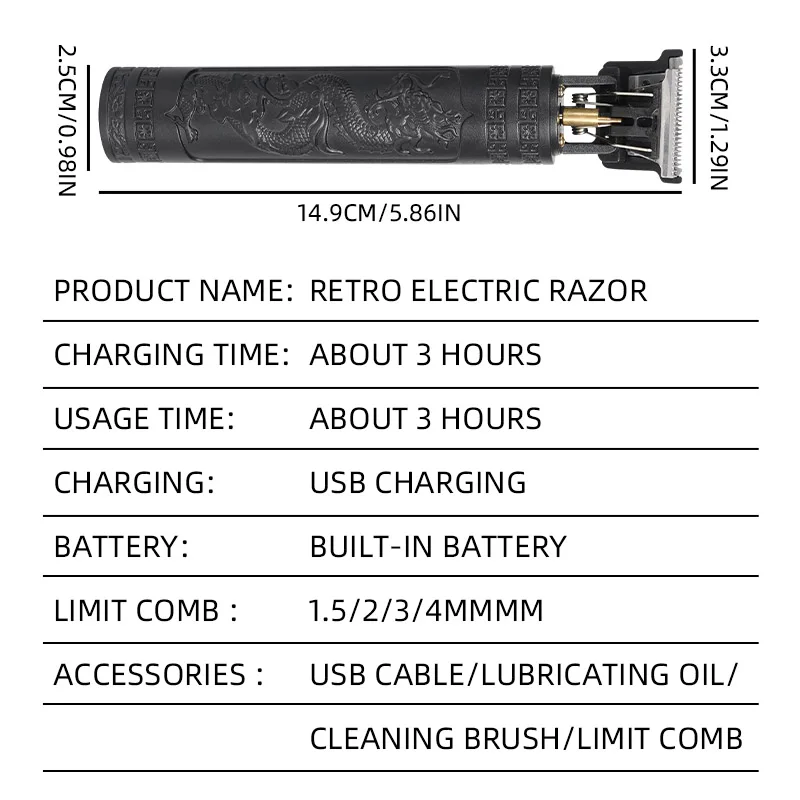 Haircut Razor for Men Rechargeable Clipper Shaver Adult Electric Vintage Clipperrazor Home USB Charging Barber Shop Black Dragon