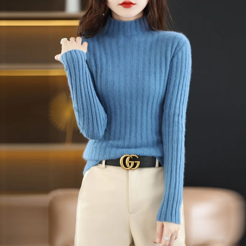 100% Mink Cashmere Women\'s Sweater Knitted Long Sleeve Pullover Half High Collar Loose Underlay Soft Fashion Women\'s Top