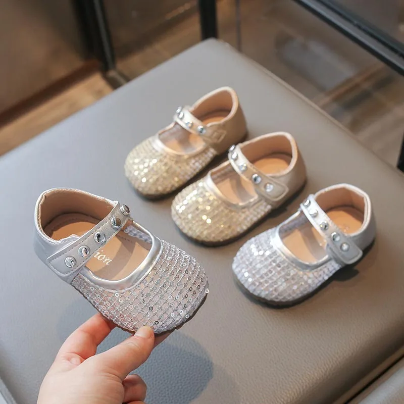 Brand Designer Grid Sequin Baby Girl Mary Janes Shiny Silver Round Rivets Toddler Shoes Girls New Wedding Party Footwear JY06172