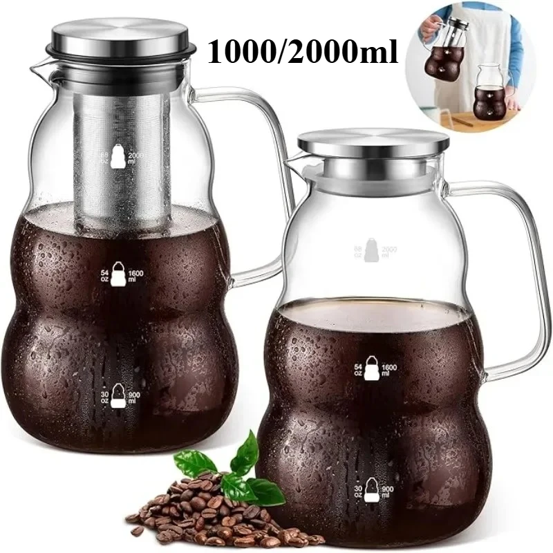 

1Pcs 1000/2000ml Glass Cold Brew Coffee Maker Pot Removable Stainless Steel Filter Drip Brewing Coffee Pot Perfect Gift Home Use
