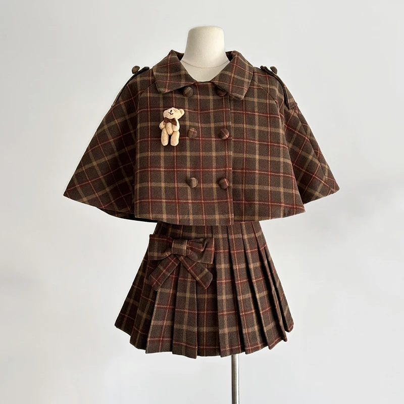 

QOERLIN British Preppy Style Quilting Cape Tops 2024 New Plaid Thick Short Jacket Coat Girls Two Piece Pleated Skirt Sets Women