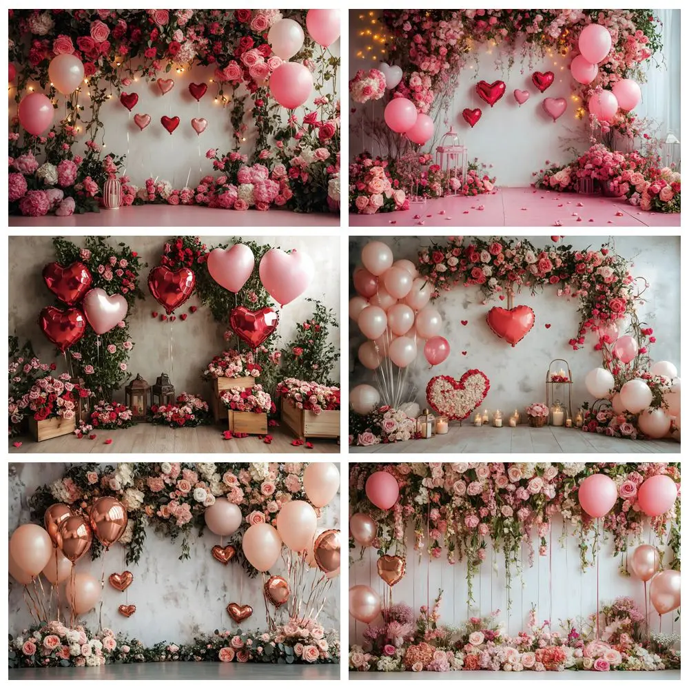 Valentines Day White Wall Balloons Flowers Backdrop Sweet February 14th Party Decor Wedding Bride Shower Photography Background