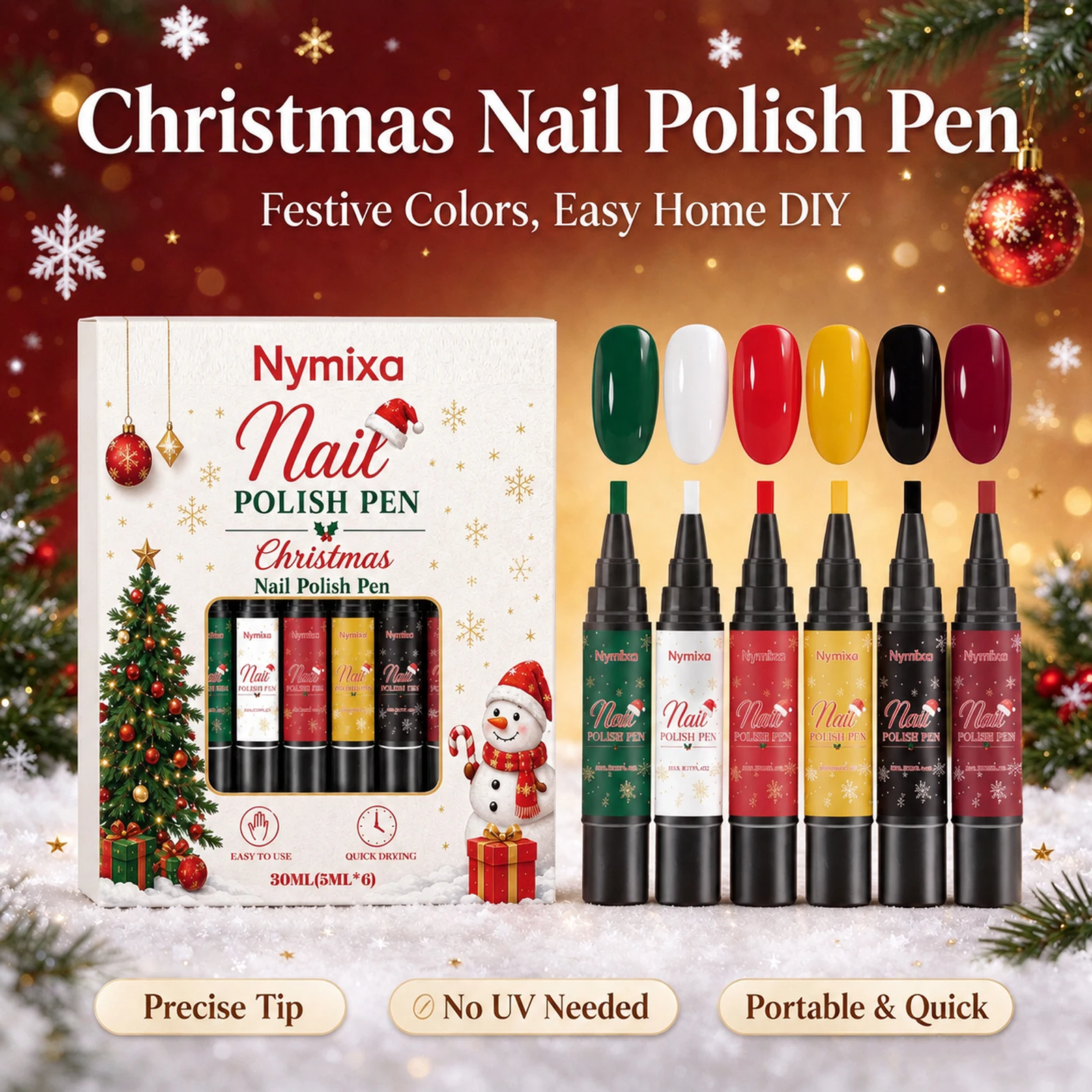 Christmas Nail Polish Pen Set 6 Colors Quick Drying No UV DIY Manicure And Nail Decoration Nails Art Supplies Festival Set Gift
