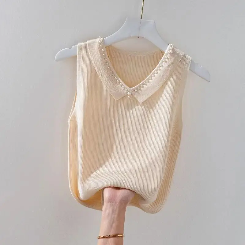 Ice Silk Camisole Female Doll Collar Covering Belly Fat Mm Heavy Industry Nailed Beads Solid Color Sleeveless Top S-3XL