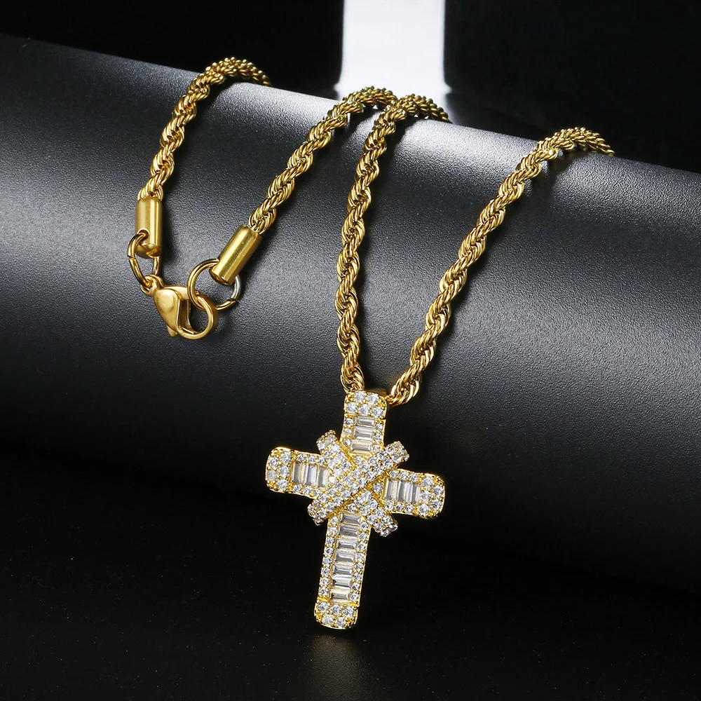 Rapper Hiphop Iced Out CZ Cross Pendant Necklaces for Men Stainless Steel Rope Box Chain on Neck Punk Homme Trend Jewelry OHP142