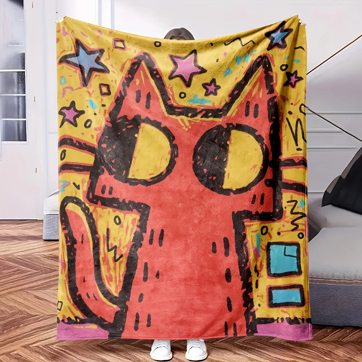 Huge Pop Art Fox Face Throw Blanket for Couch Bed Decor 150x230cm Plush Fleece Cartoon Style