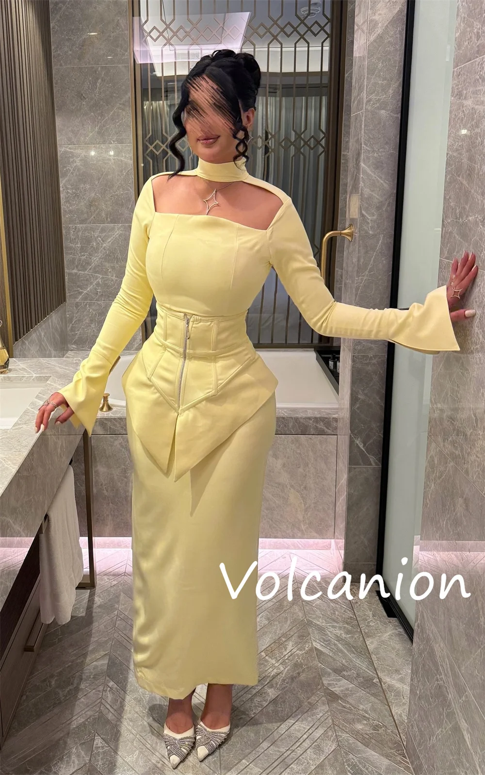 تخصيص النمط الصيني جيرسي الطية مستقيم الياقة العالية فساتين متوسطة الطول مناسبة مخصصة رعوية رائعة