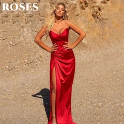 ROSES Red Sexy Evening Dress V-Neck Trumpet Satin Party Dress with Pleats Satin Mermaid High Side Slit فساتين الحفلات Prom Dress