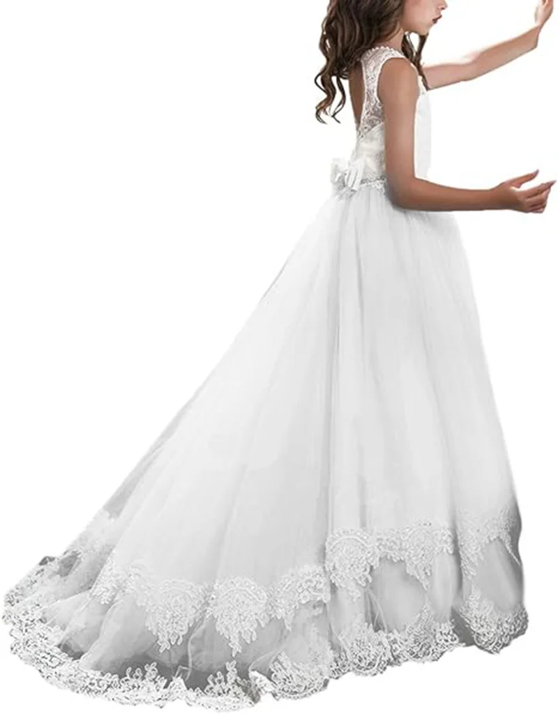 Robe de demoiselle d'honneur blanche pour mariage, appliques papillon, tulle et dentelle, robe de soirée d'anniversaire pour enfants, robe de Rhde première communion princesse