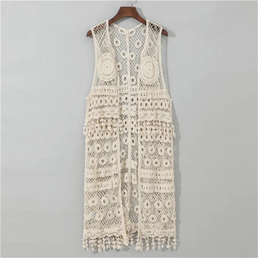 Boho Beach Crop Up Casual Long Cardigan Hollow Out Crochet Tops Women Sleeveless Lace Blouse Shirt With Tassel Kimono Cardigans