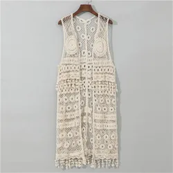 Boho Beach Crop Up Casual Long Cardigan Hollow Out Crochet Tops Women Sleeveless Lace Blouse Shirt With Tassel Kimono Cardigans