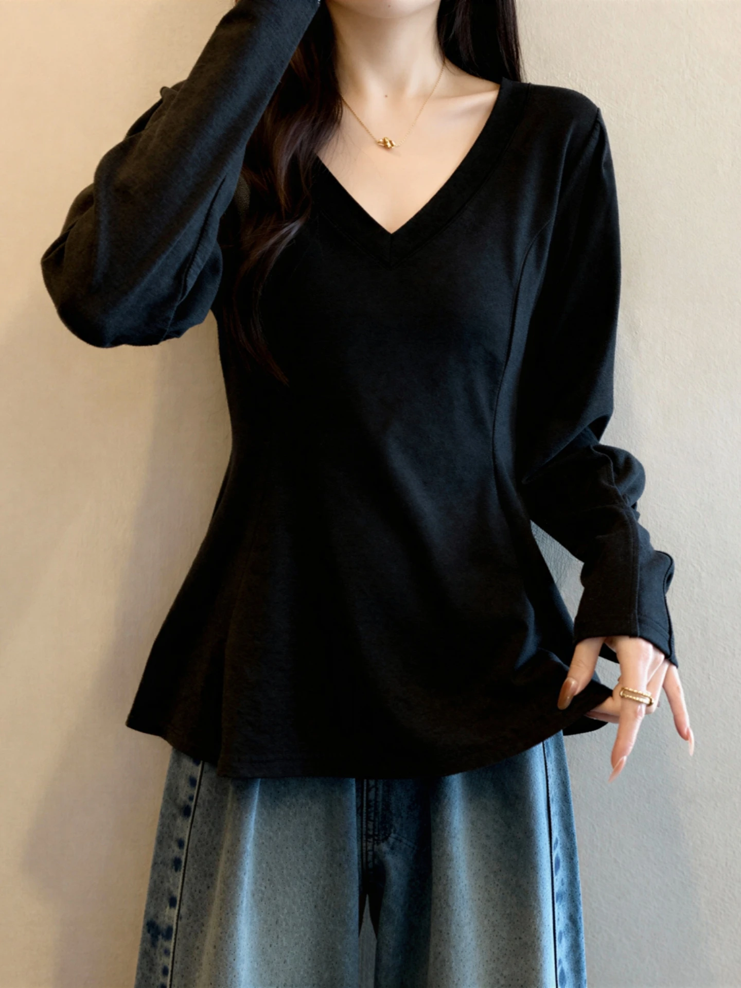 Slim Fit Long Sleeve V-Neck T-Shirt Women's Base Shirt Spring Autumn plus Size Conceal Belly High Waist Advanced Feeling Top