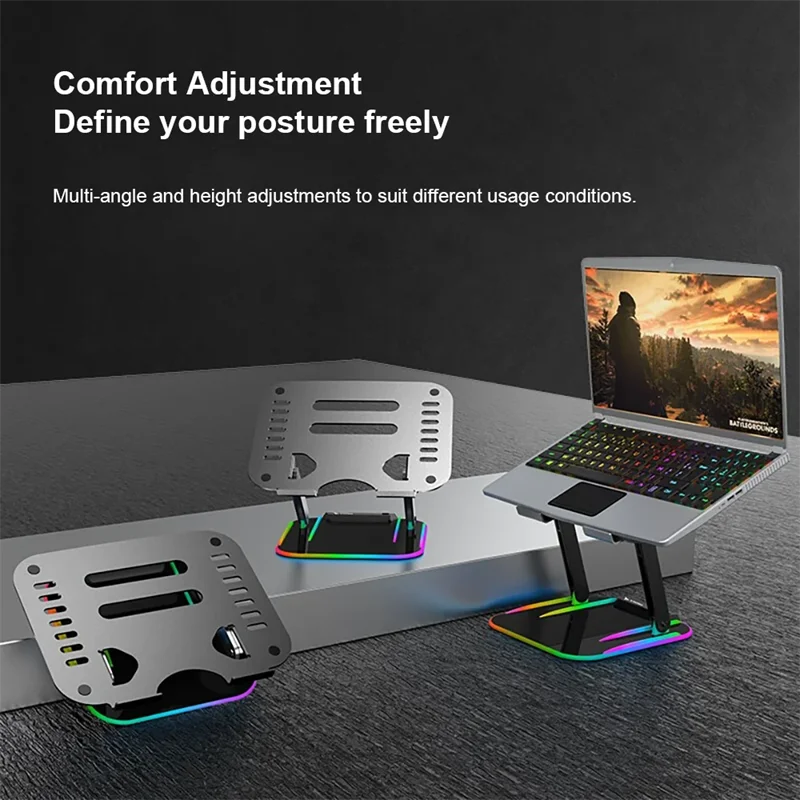 Alloy Laptop Holder Stand RGB Light Base With HUB 3xUSB 2.0 Ports RGB Base Lifting Foldable Notebook Computer Bracket