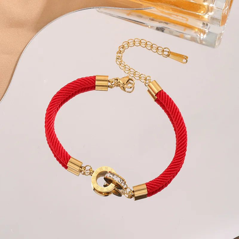 Bransoletki ze stali nierdzewnej Cyfra rzymska Interlock Koło Pleciona szczęśliwa czerwona lina Modna bransoletka z amuletem dla kobiet Biżuteria na prezenty