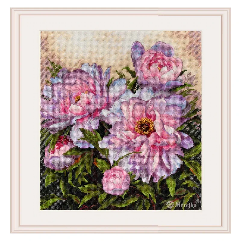 Amishop Top Quality Popular Counted Cross Stitch Kits Tender Peonies Pink Flowers Merejka K-177