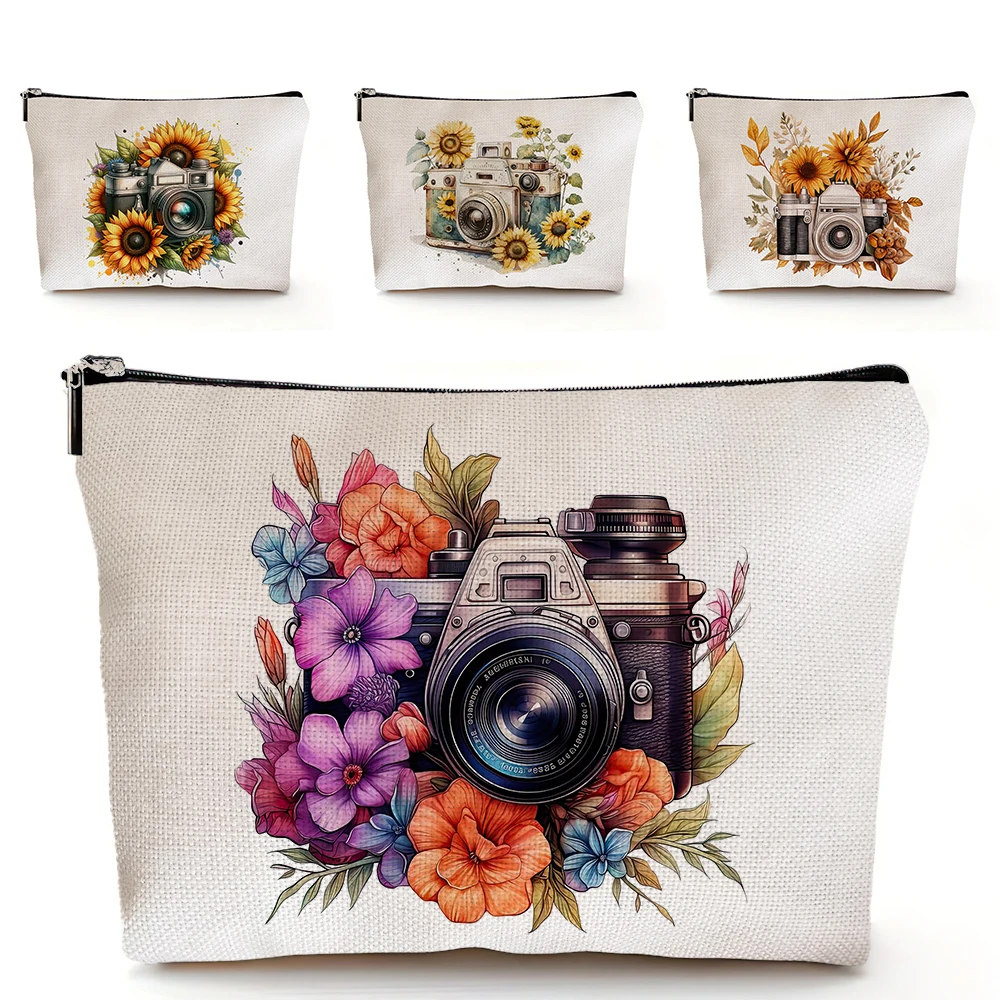 Vintage Cartoon Flower Camera Makeup Bag Bridesmaid Wedding Makeup Box Handbag Fashion Travel Organizer Toilet Wash Wallet