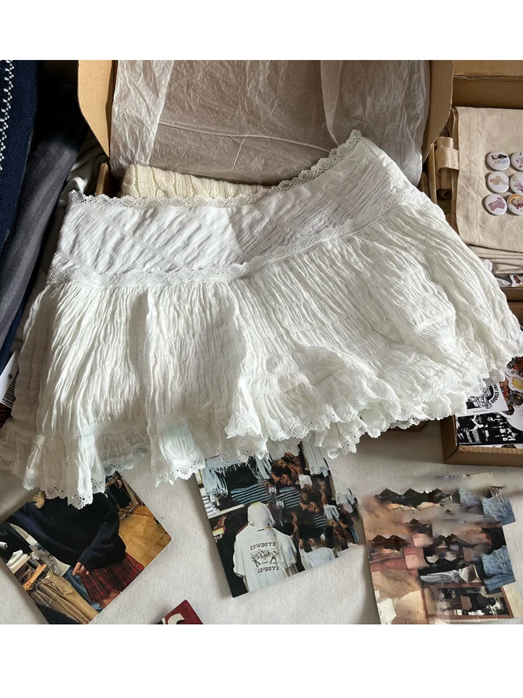 White Lace Trim Sweet Mini Skirts Summer Chic Folds Texture High Waist A-line Short Faldas Women Vintage Cute Balletcore Skirt