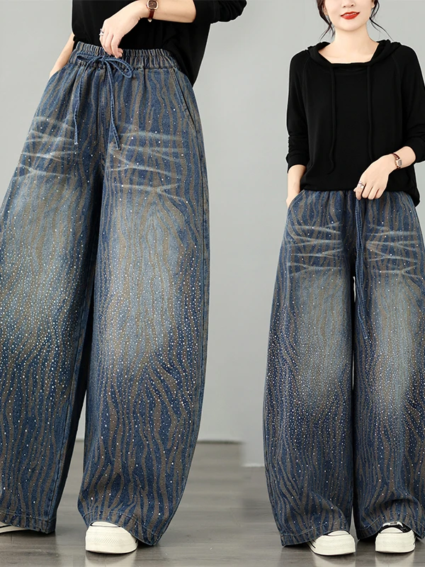 Casual High Waist Wide Leg Jeans Loose Fit Shiny Diamond Embellished Denim Pants Straight Cut Blue Cotton Polyester Blend