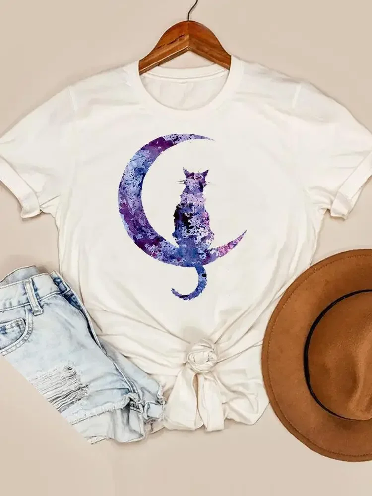 Women Short Sleeve Print Tshirt Graphic T-shirts Lovely Cat Moon Lovely Tee Top Fashion Summer Spring Printing Clothing