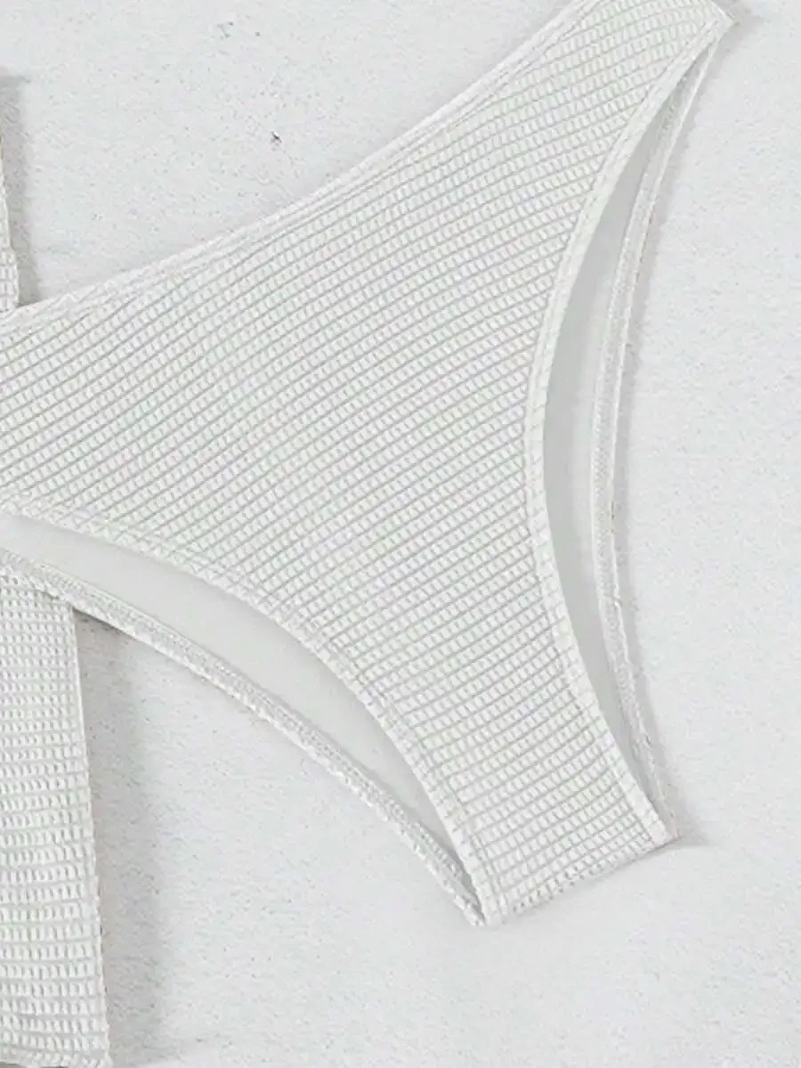 3pcs Set Womens Solid White Ribbed Bikini Set With Camisole Top And Bottom For Beach Summer