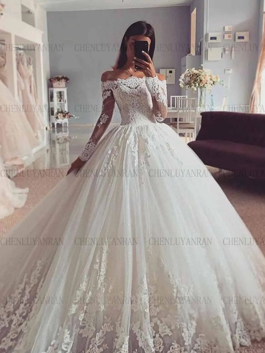 

Long Wedding Dresses For Women Off-Shoulder Applique Tulle Wedding Dress Sweep Train Sexy Dresses For Women فستان حفلات الزفاف