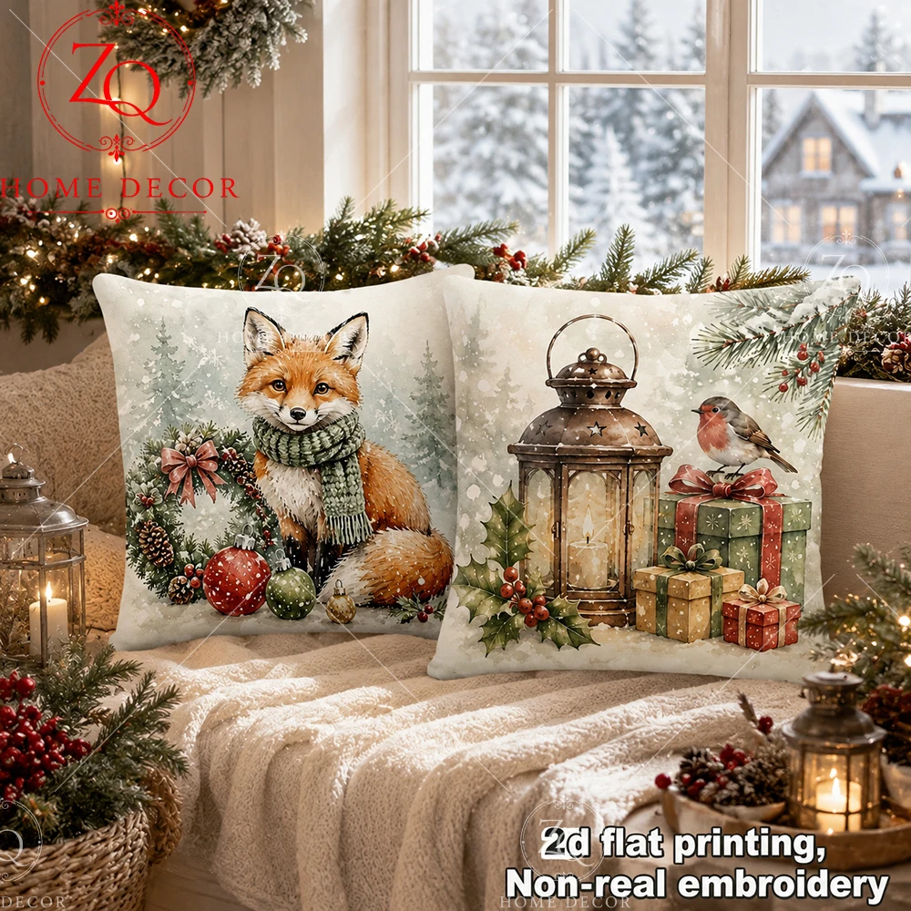 Winter Lantern Robin Pillow Cover 2D Flat Printed Peach Skin Throw Pillowcase Christmas Holiday Farmhouse Couch Home Decoration
