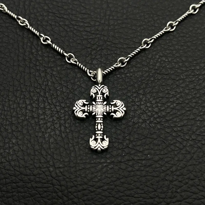 

S925 sterling silver tide brand small flame cross necklace men and women retro old European and American hip hop diamond